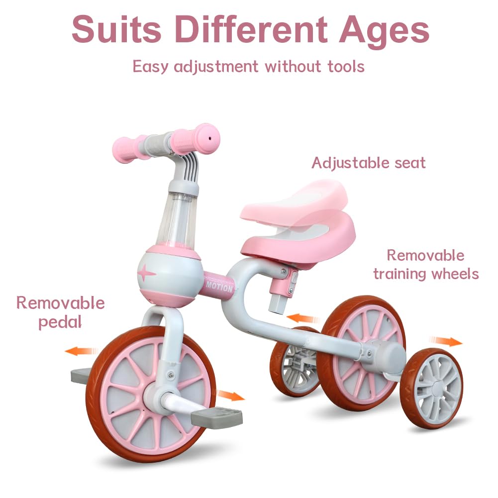 3 in 1 Toddler Bike with Adjustable Seat, Detachable Pedal and Training Wheels, Pink Z22583