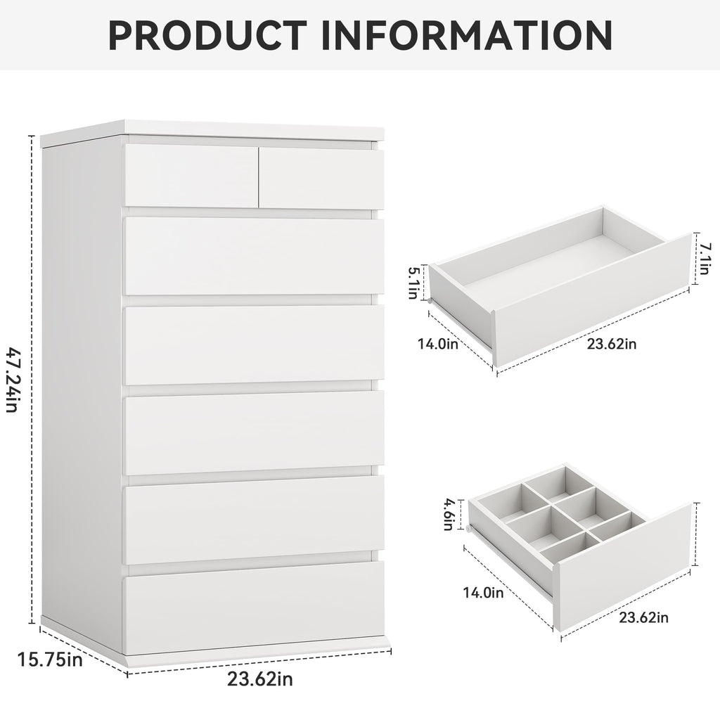 White Tall 7 Drawer Wood Dresser W389