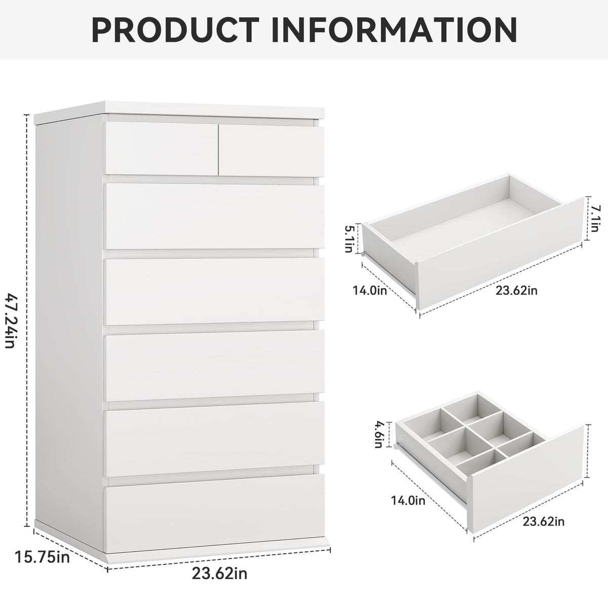 White Tall 7 Drawer Wood Dresser W389