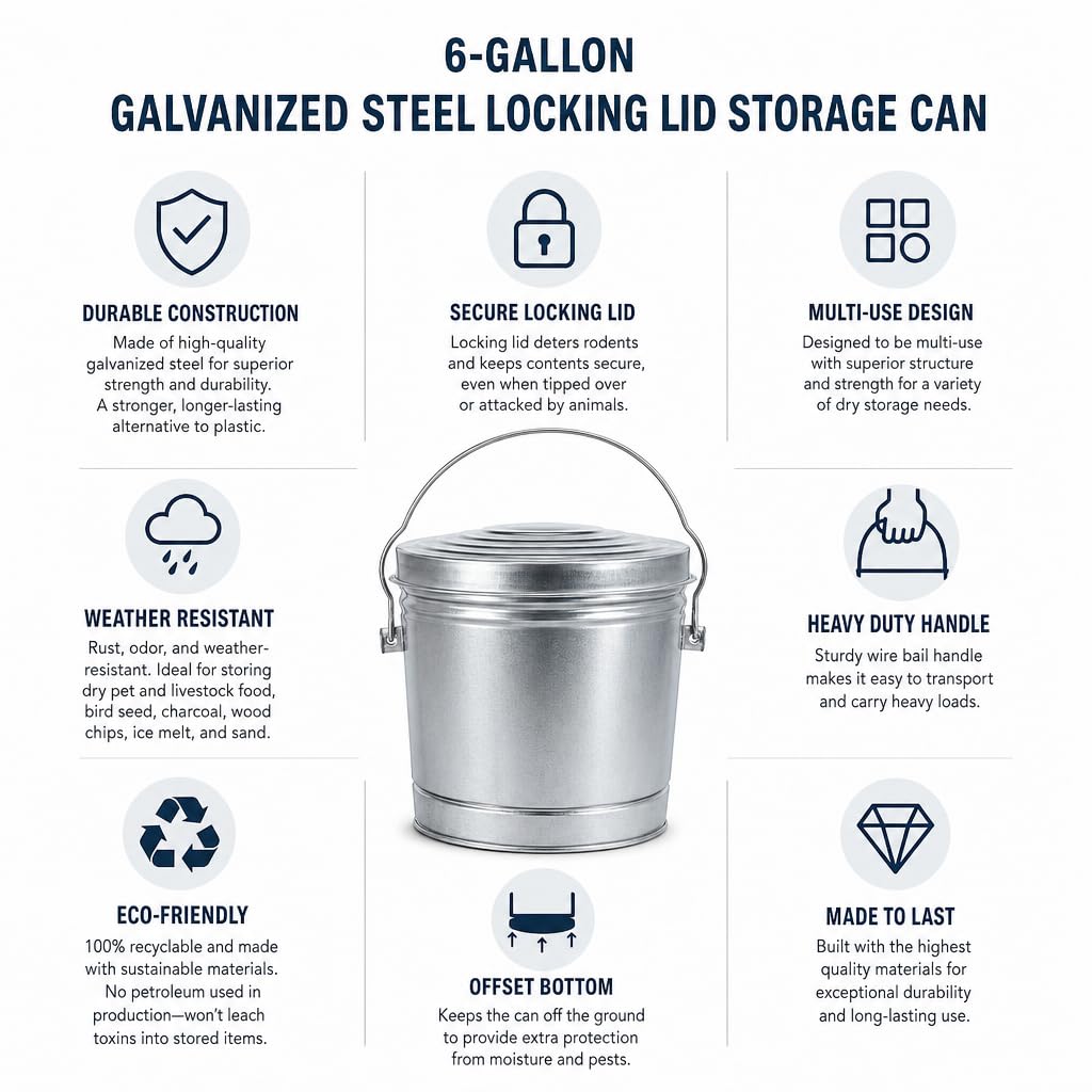 6 Gal Galvanized Steel Storage Can with Locking Lid V553