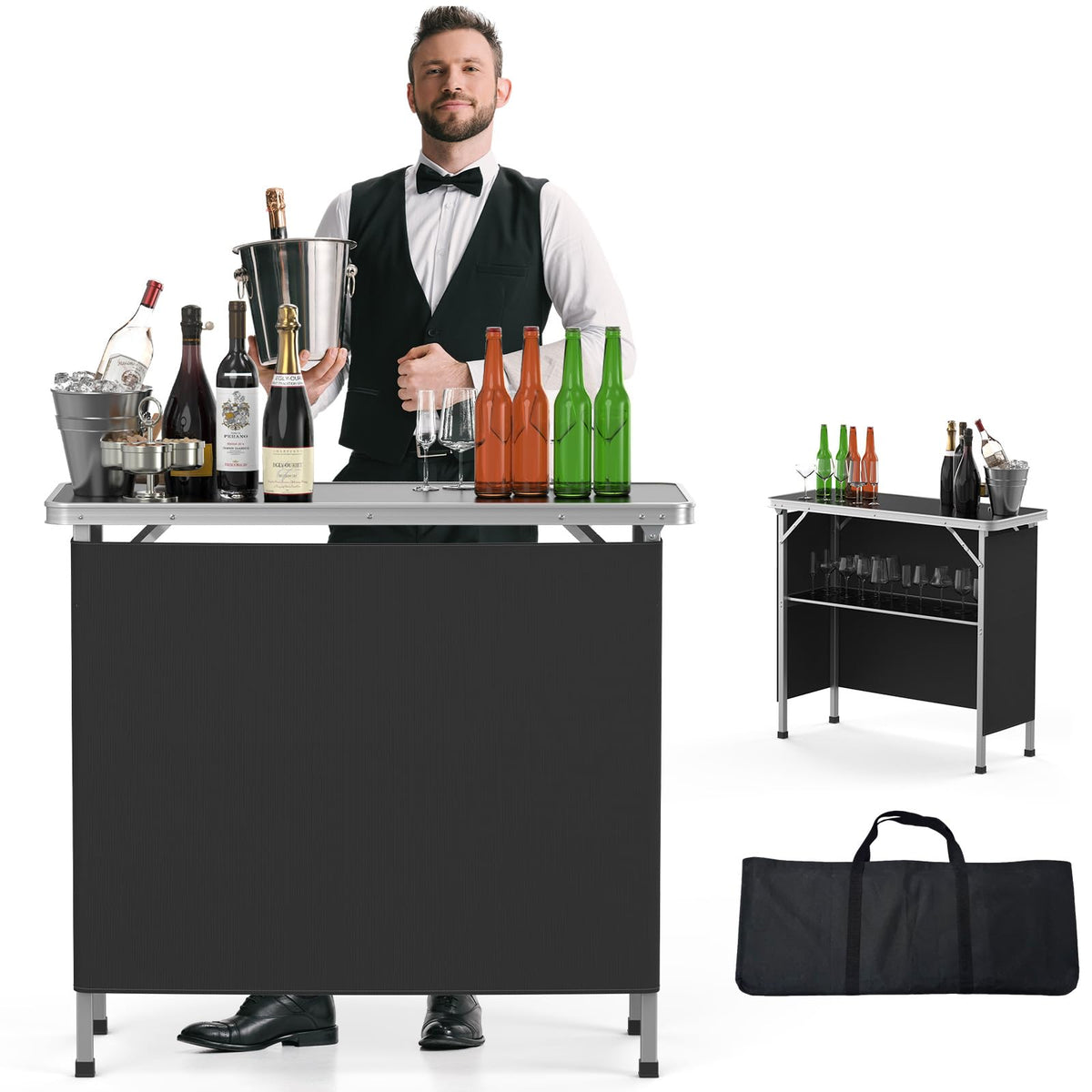 Portable 2-Tier Mobile Bar Table with Black Skirt I9895