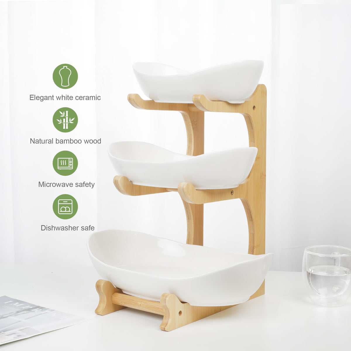 3 Tier Ceramic Fruit Bowl with Bamboo Stand F5902