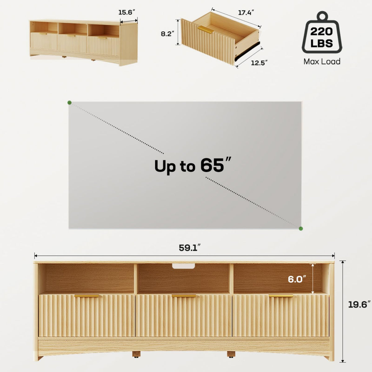 Oak Fluted TV Stand for 65 inch TV with Drawers R9303