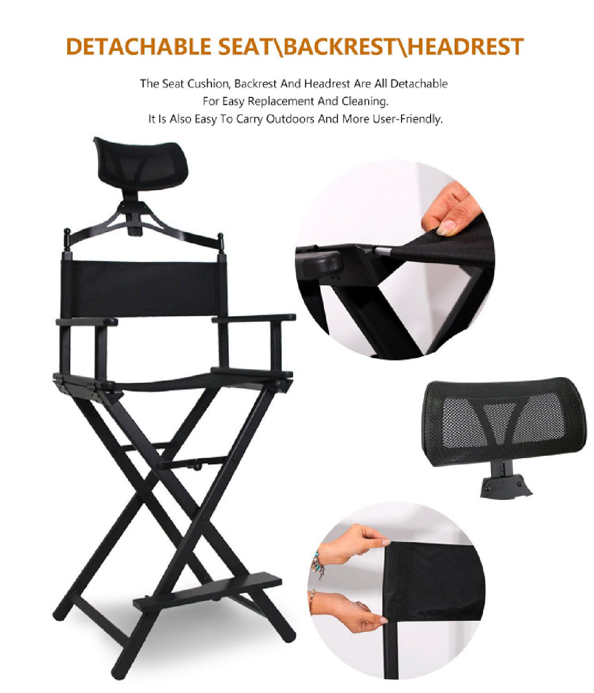 Foldable Stool with Head Rest, Portable Camping Chair, Supports Up to 300 Lbs, Gold W43787