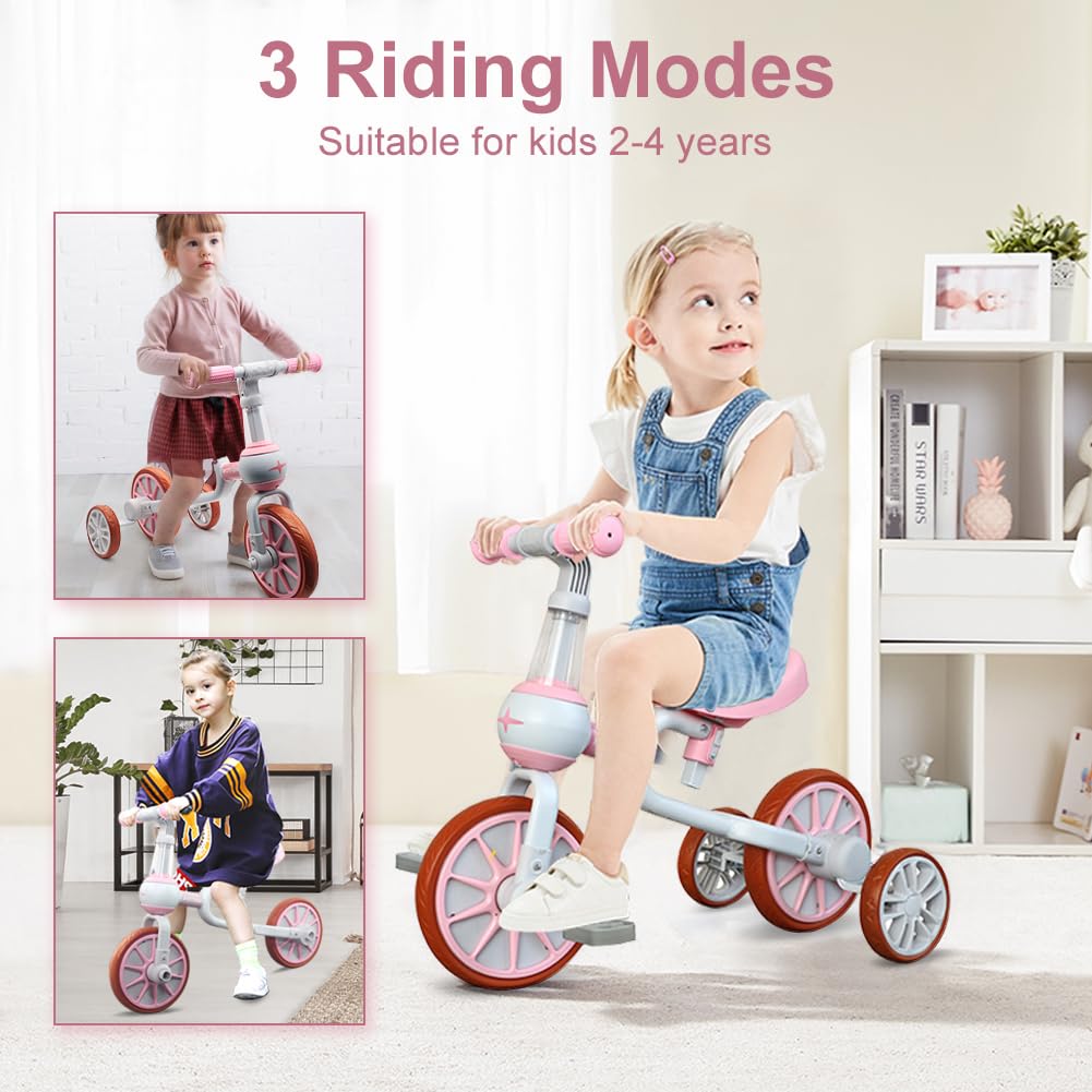 3 in 1 Toddler Bike with Adjustable Seat, Detachable Pedal and Training Wheels, Pink Z22583