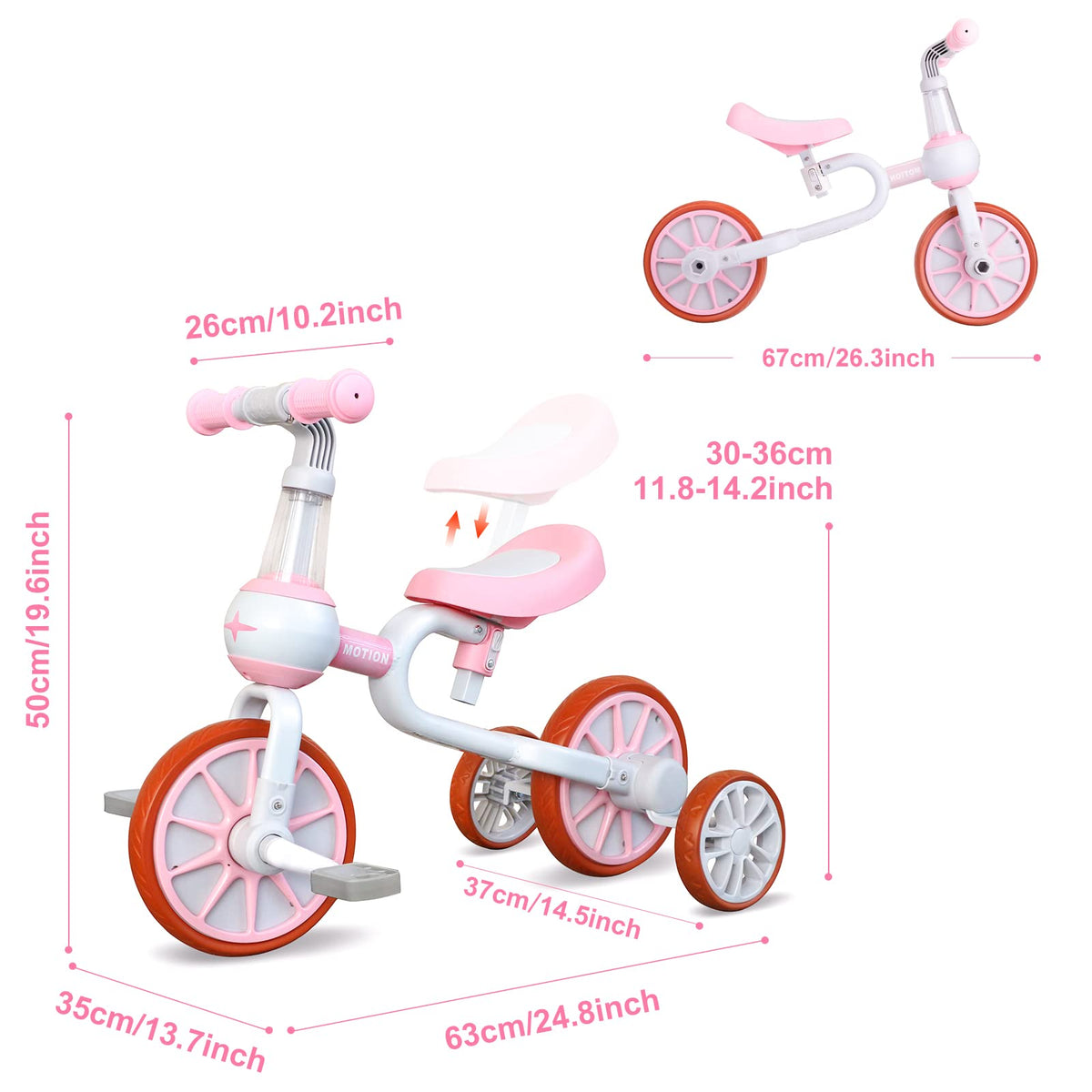 3 in 1 Toddler Bike with Adjustable Seat, Detachable Pedal and Training Wheels, Pink Z22583