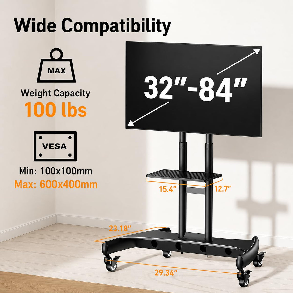 Rolling TV Stand for 32-84 Inch TV, Adjustable Height with Wheels F2540
