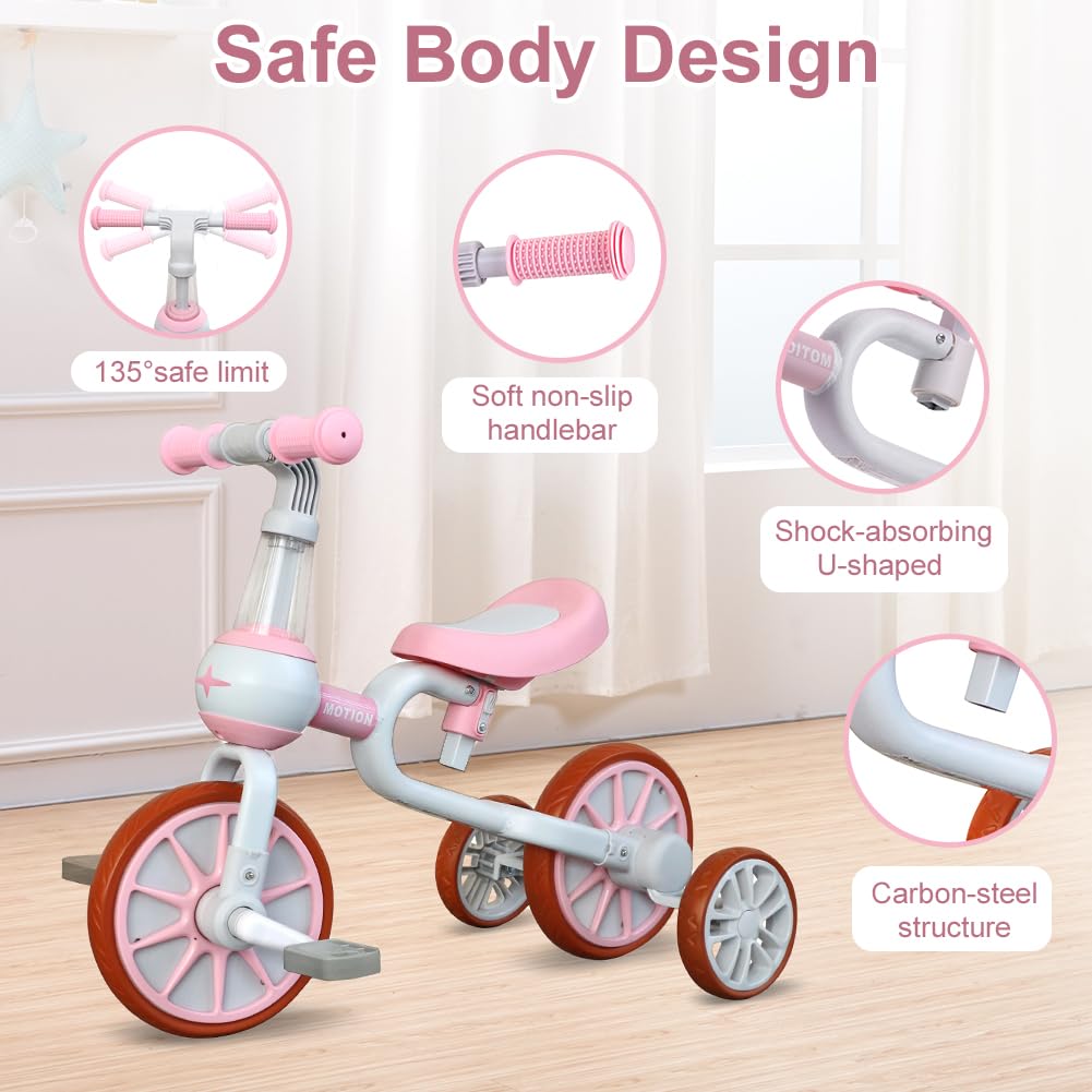 3 in 1 Toddler Bike with Adjustable Seat, Detachable Pedal and Training Wheels, Pink Z22583