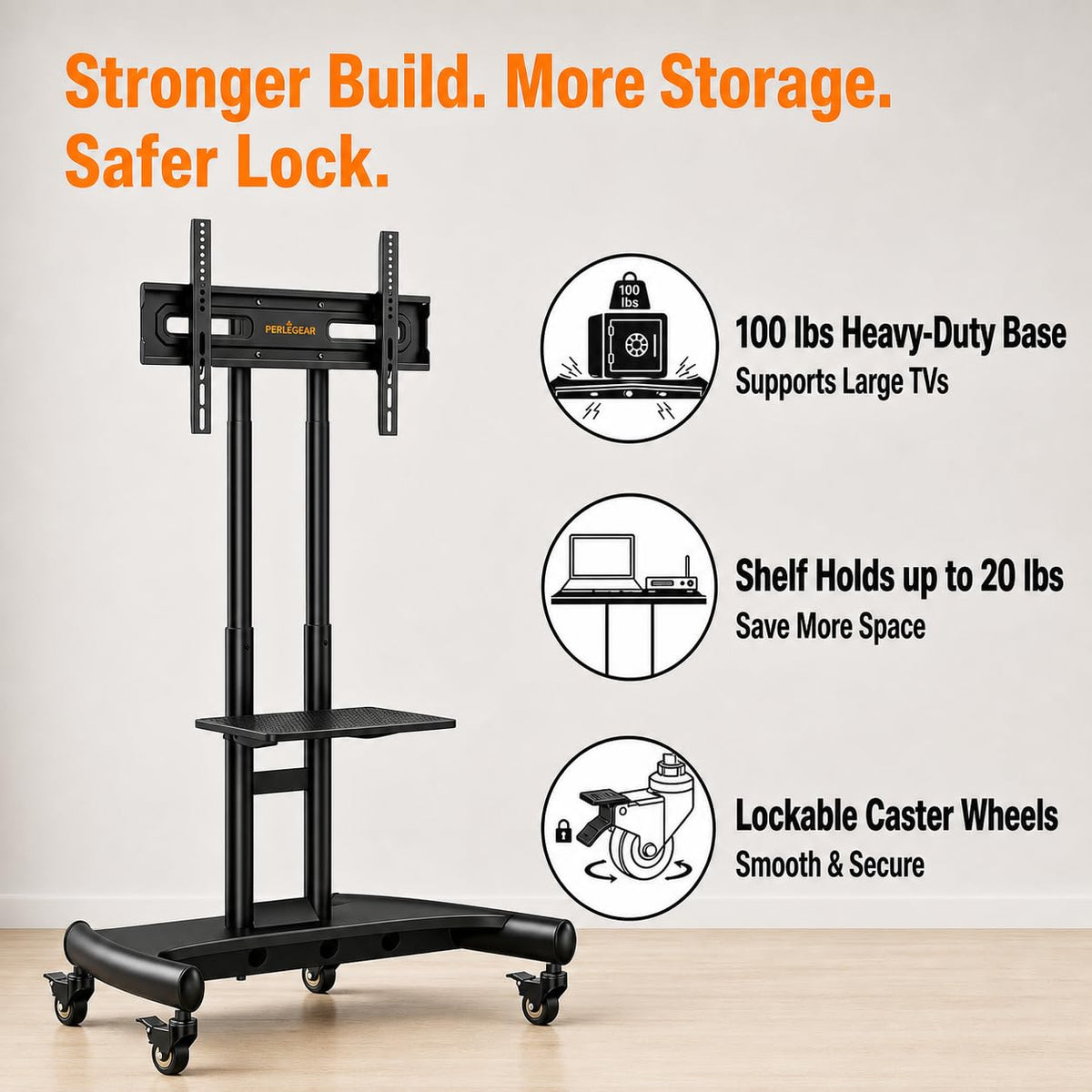 Rolling TV Stand for 32-84 Inch TV, Adjustable Height with Wheels F2540