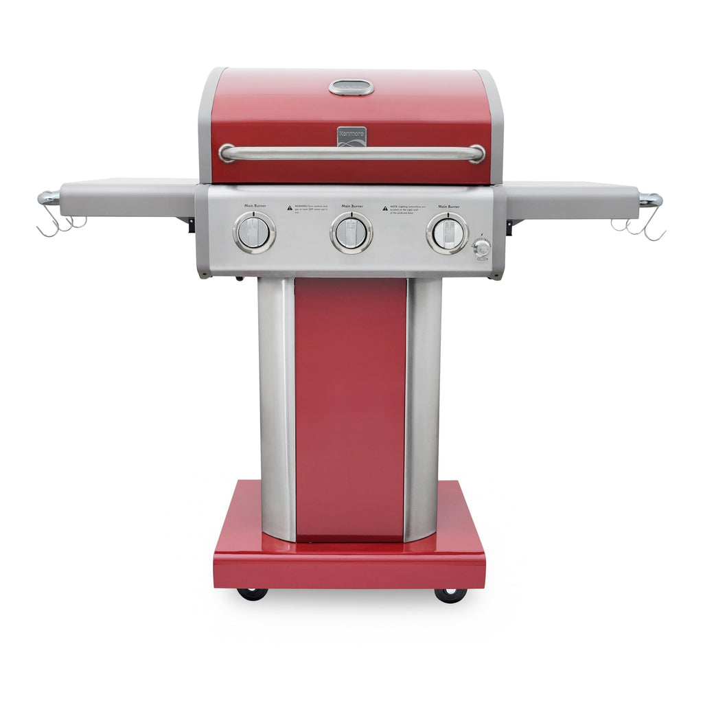 3-Burner Liquid Propane Gas Grill with Folding Sides, Wheels, 30000 BTU, Red W849514