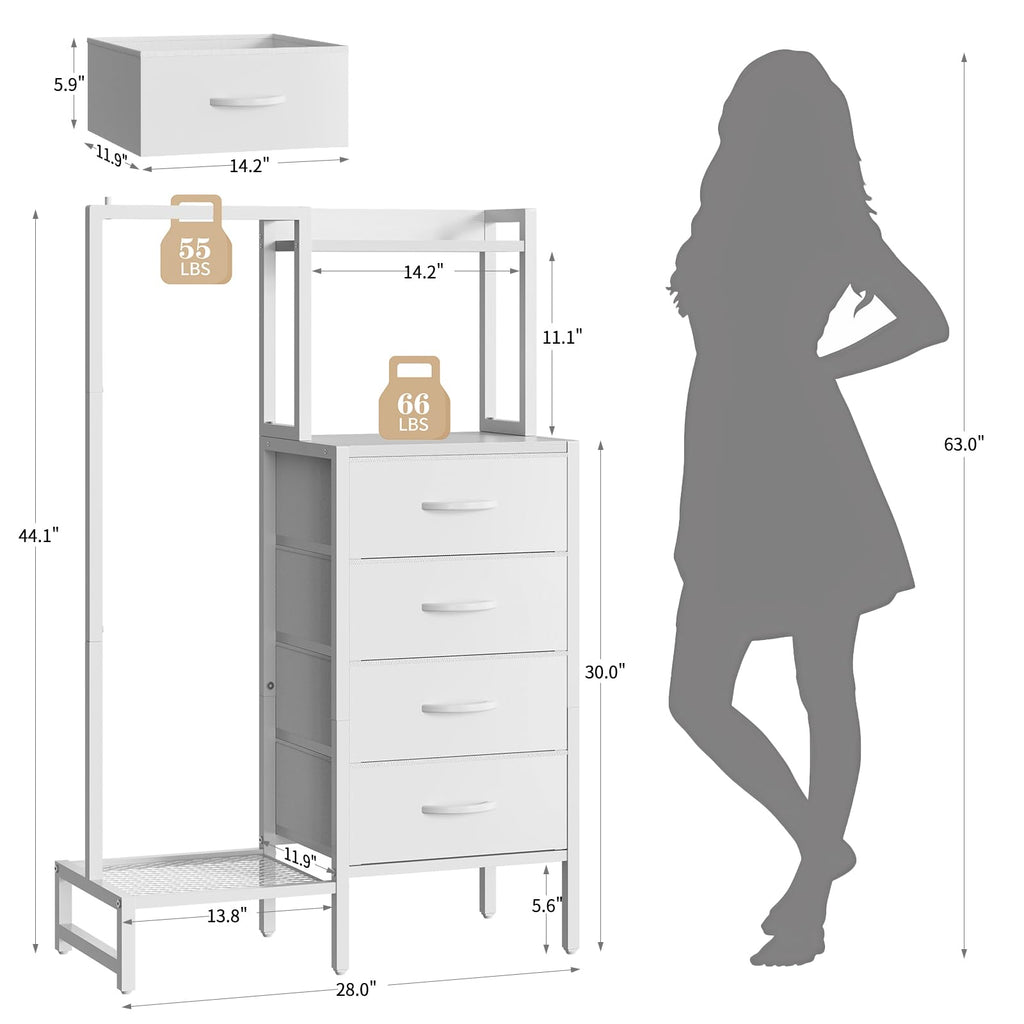 White 4 Drawer Dresser with Hanging Rack K515965
