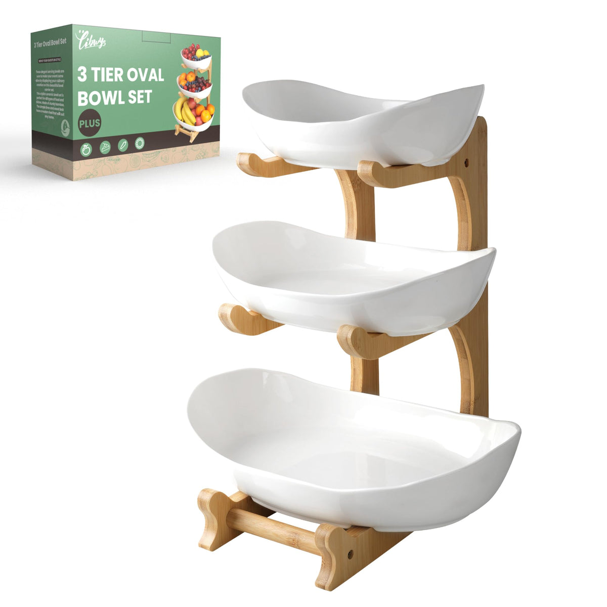 3 Tier Ceramic Fruit Bowl with Bamboo Stand F5902