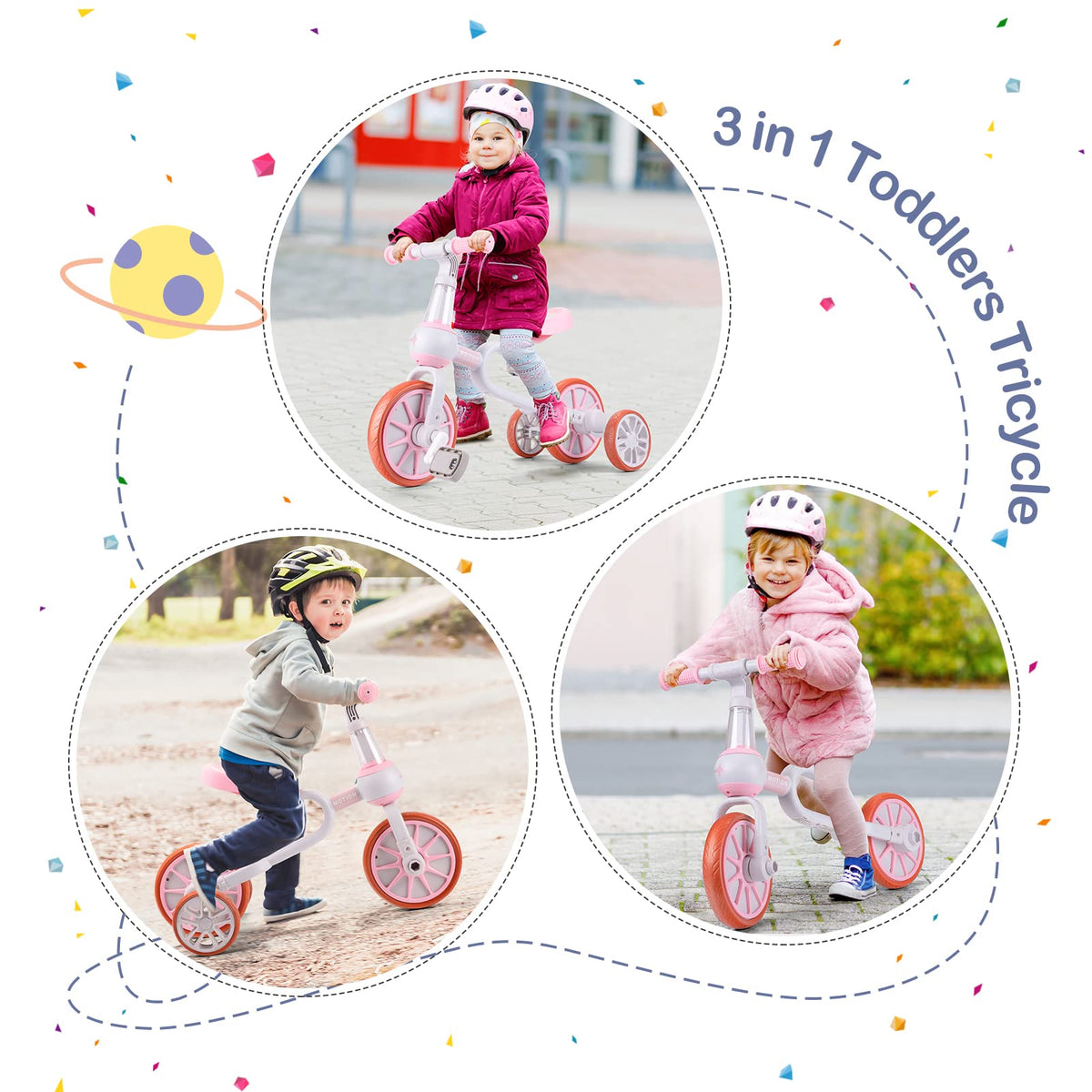 3 in 1 Toddler Bike with Adjustable Seat, Detachable Pedal and Training Wheels, Pink Z22583