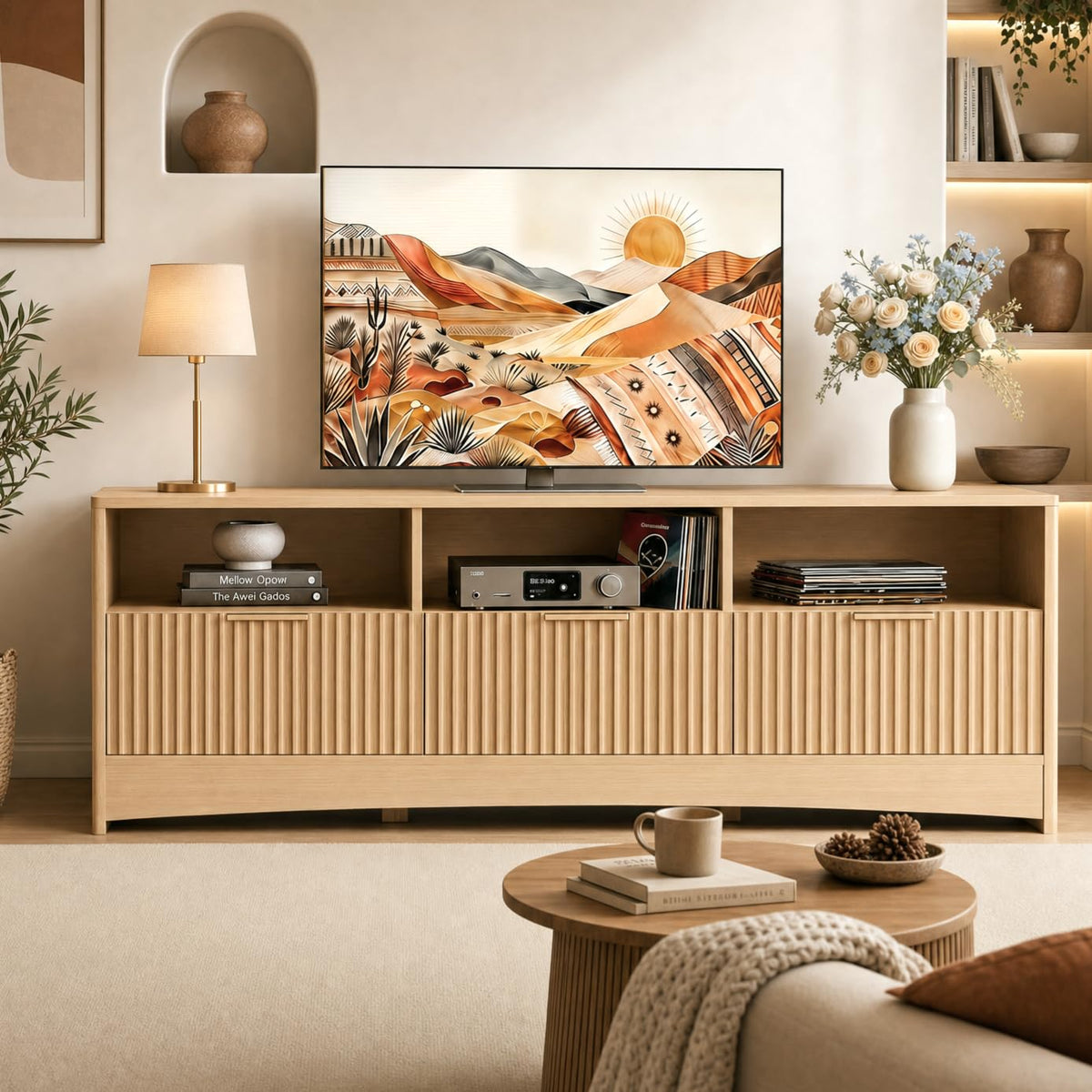 Oak Fluted TV Stand for 65 inch TV with Drawers R9303