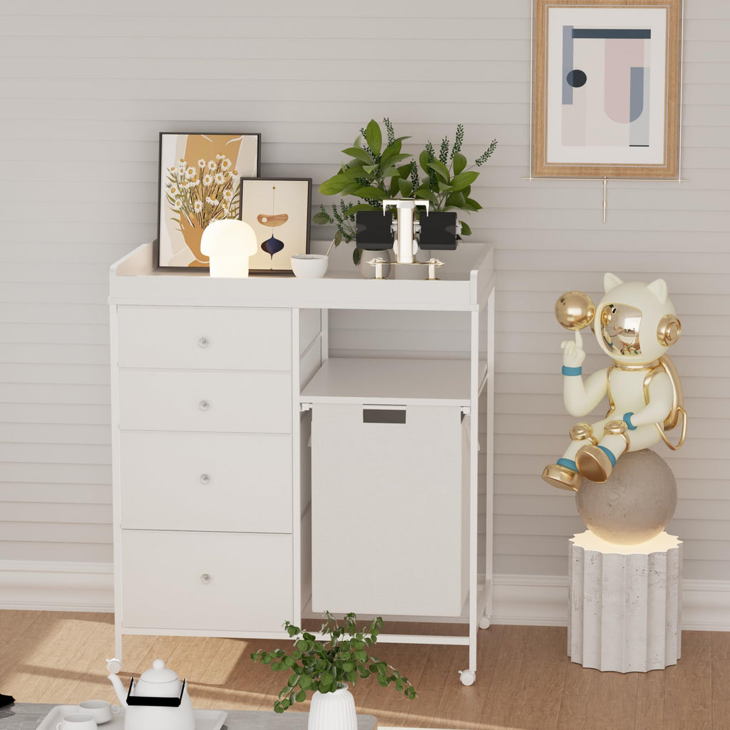 White 4 Drawer Changing Table Dresser with Laundry Hamper T7742