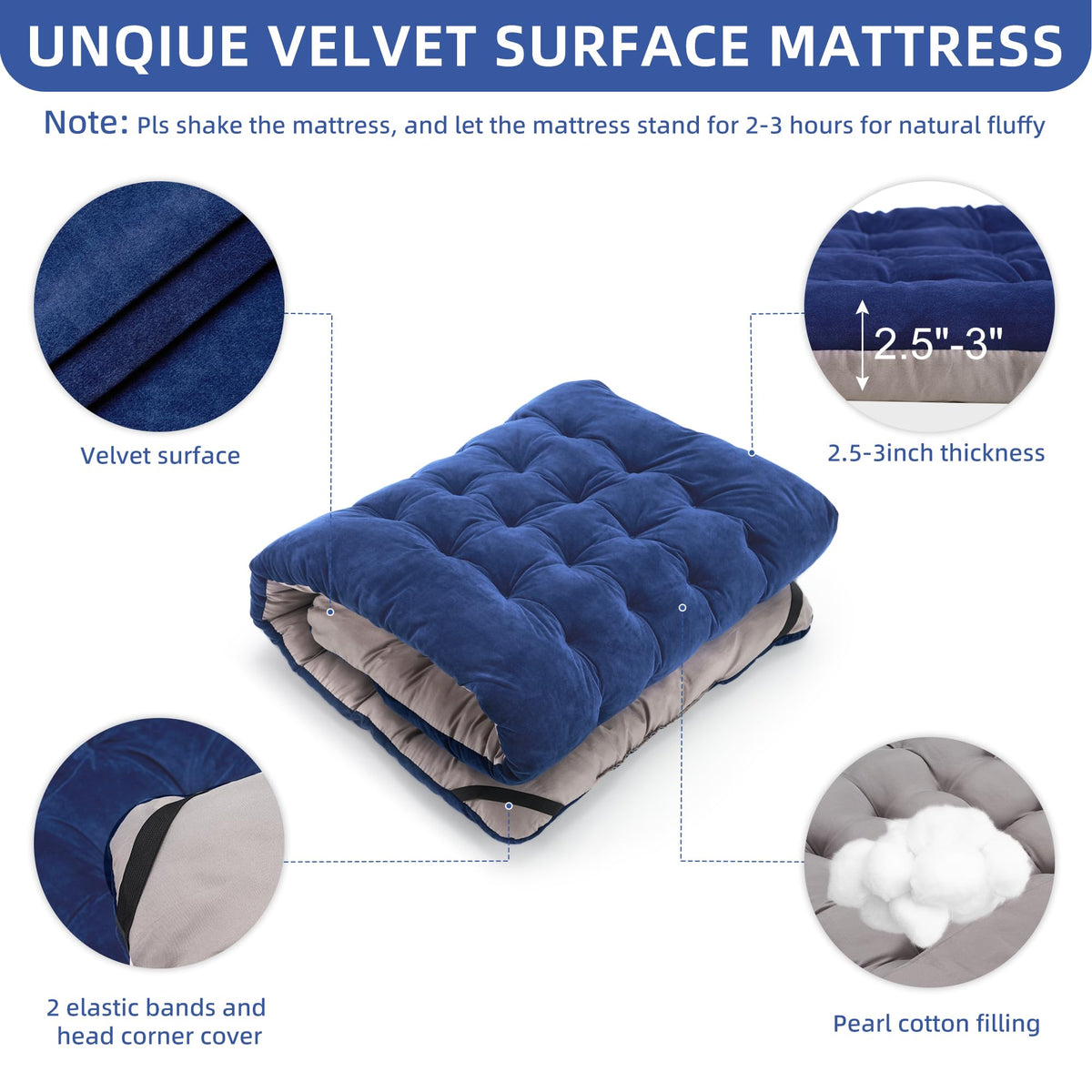 Blue Camping Cot with Cushion, Pillow and Carry Bag J510363