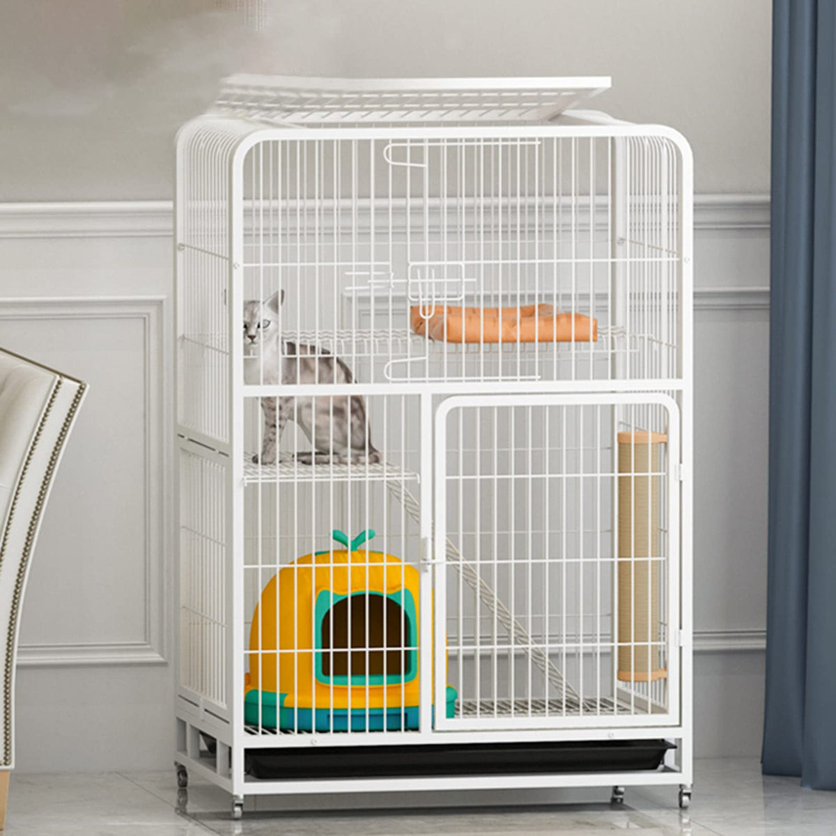 3-Tier Metal Wire Cat Cage with Hammock and Casters U800959