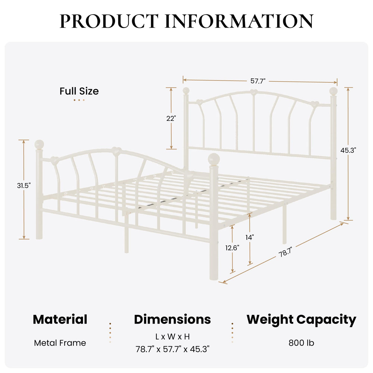Full Size Cream White Metal Bed Frame H2722