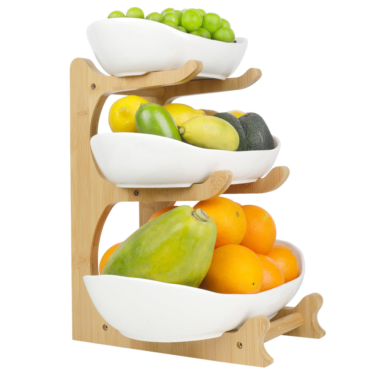 3 Tier Ceramic Fruit Bowl with Bamboo Stand F5902