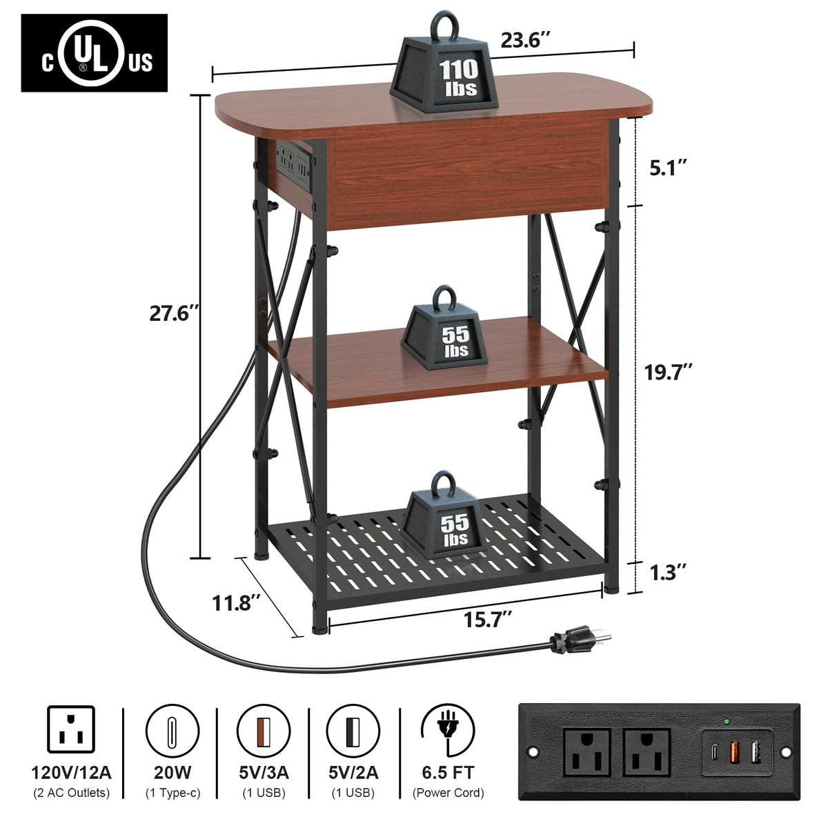 Narrow Side Table with Charging Station, Set of 2 A948