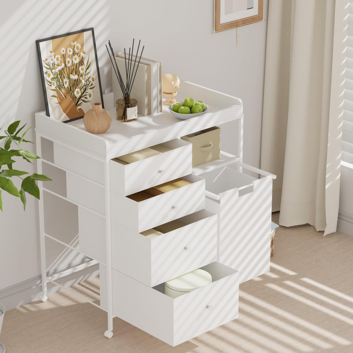 White 4 Drawer Changing Table Dresser with Laundry Hamper T7742