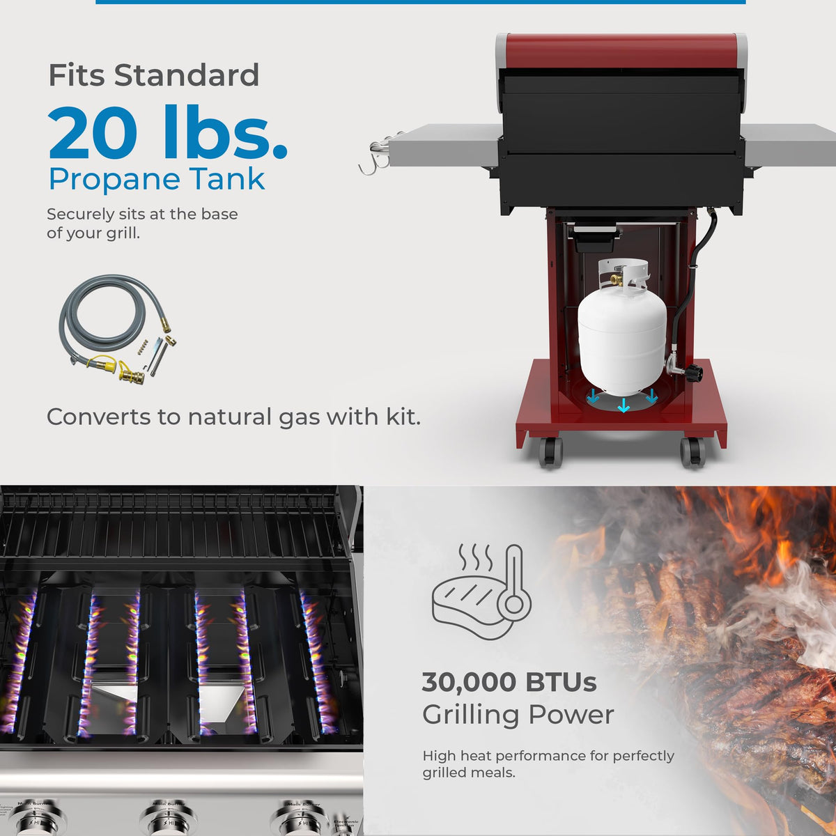 3-Burner Liquid Propane Gas Grill with Folding Sides, Wheels, 30000 BTU, Red W849514