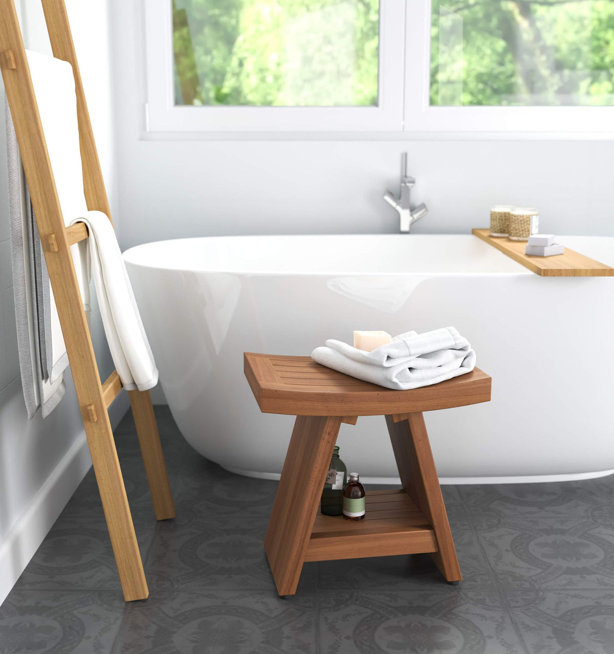 18" Teak Shower Bench with Shelf Q83122
