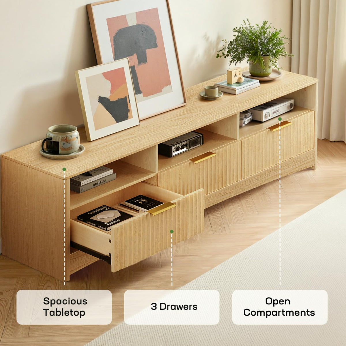 Oak Fluted TV Stand for 65 inch TV with Drawers R9303