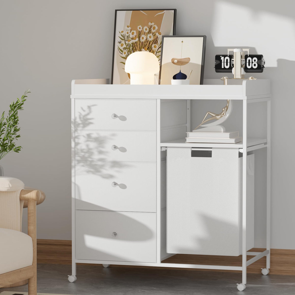 White 4 Drawer Changing Table Dresser with Laundry Hamper T7742