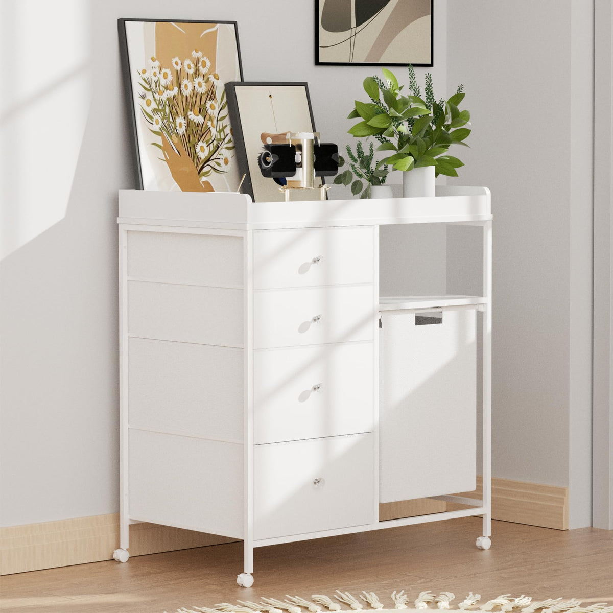 White 4 Drawer Changing Table Dresser with Laundry Hamper T7742