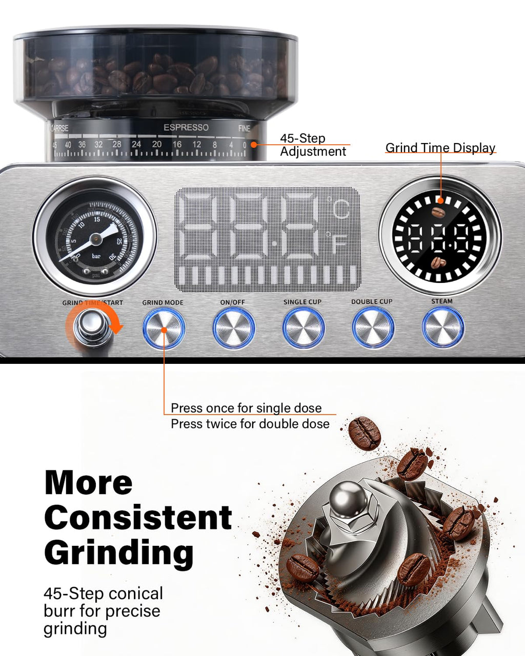 20 Bar Espresso Machine with Built-In Grinder H2607