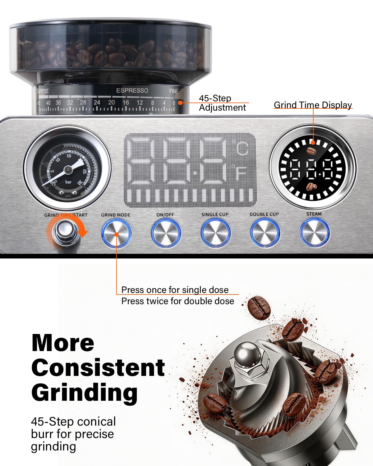 20 Bar Espresso Machine with Built-In Grinder H2607