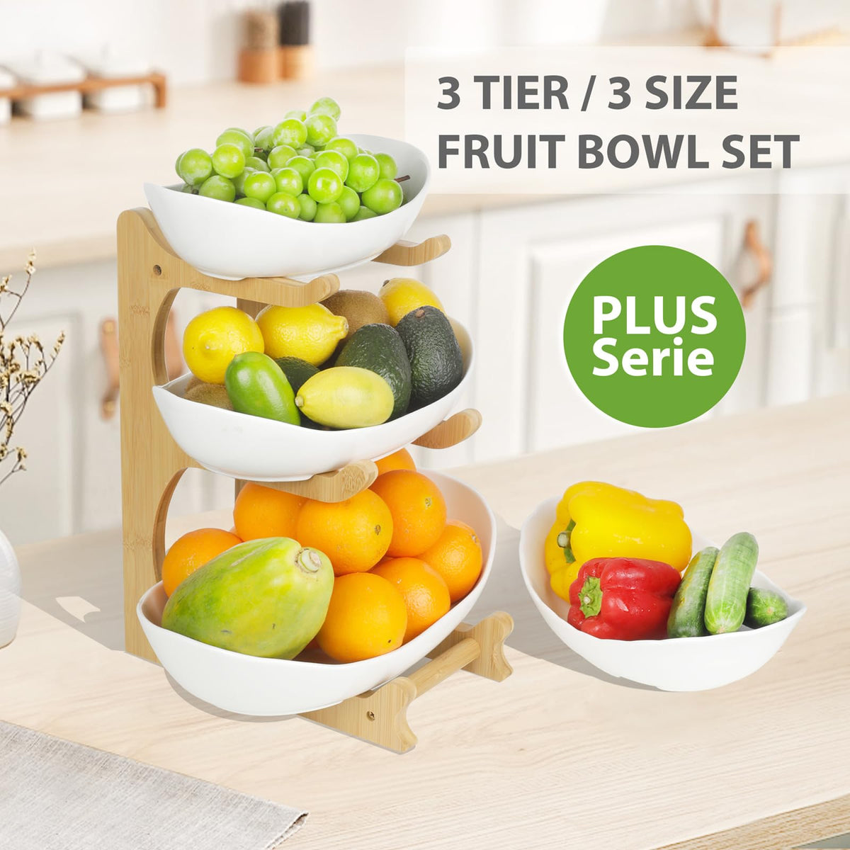 3 Tier Ceramic Fruit Bowl with Bamboo Stand F5902