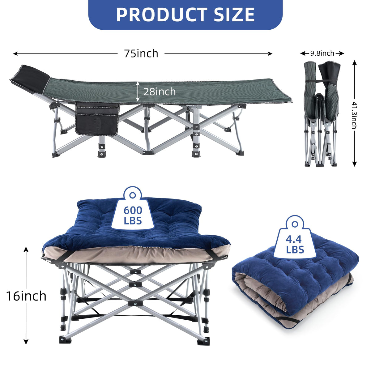Blue Camping Cot with Cushion, Pillow and Carry Bag J510363
