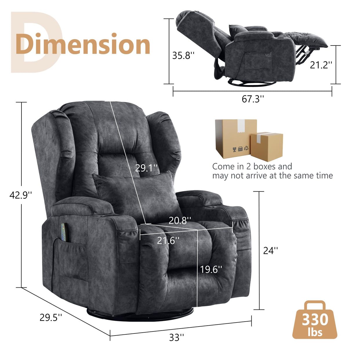 Dual Motor Power Swivel Rocker Recliner Chairs with Massage & Heat L161