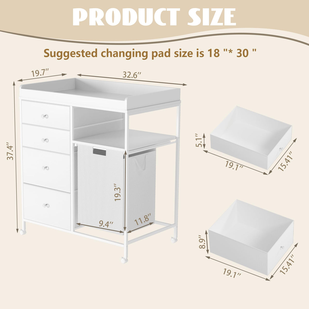 White 4 Drawer Changing Table Dresser with Laundry Hamper T7742
