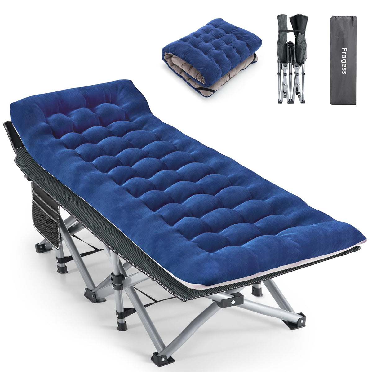 Blue Camping Cot with Cushion, Pillow and Carry Bag J510363