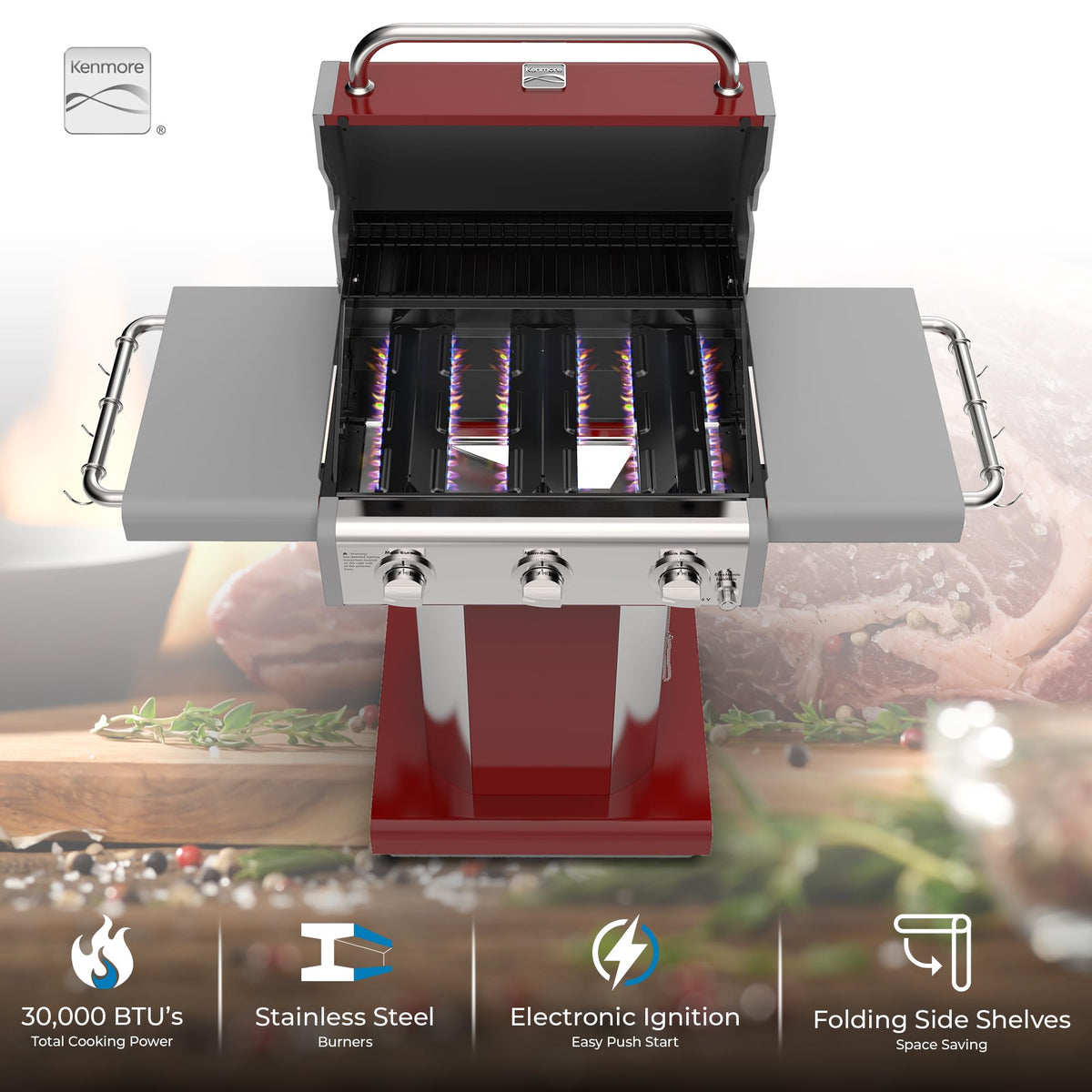 3-Burner Liquid Propane Gas Grill with Folding Sides, Wheels, 30000 BTU, Red W849514