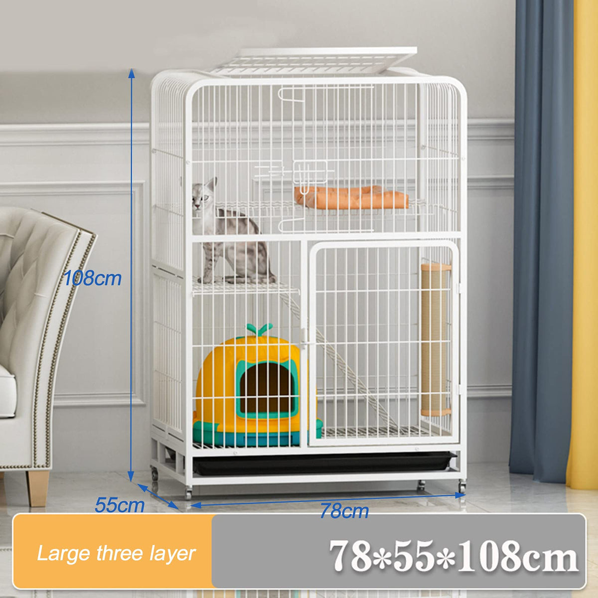 3-Tier Metal Wire Cat Cage with Hammock and Casters U800959
