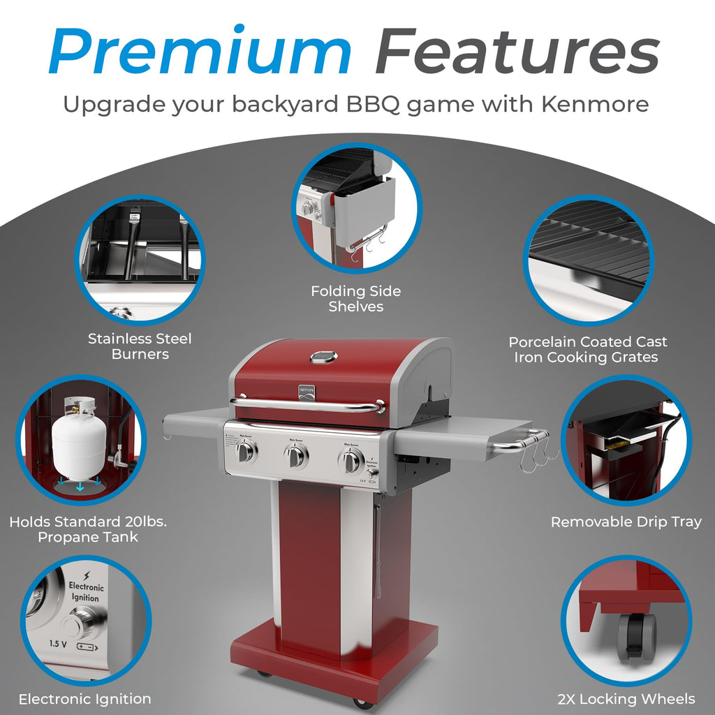 3-Burner Liquid Propane Gas Grill with Folding Sides, Wheels, 30000 BTU, Red W849514