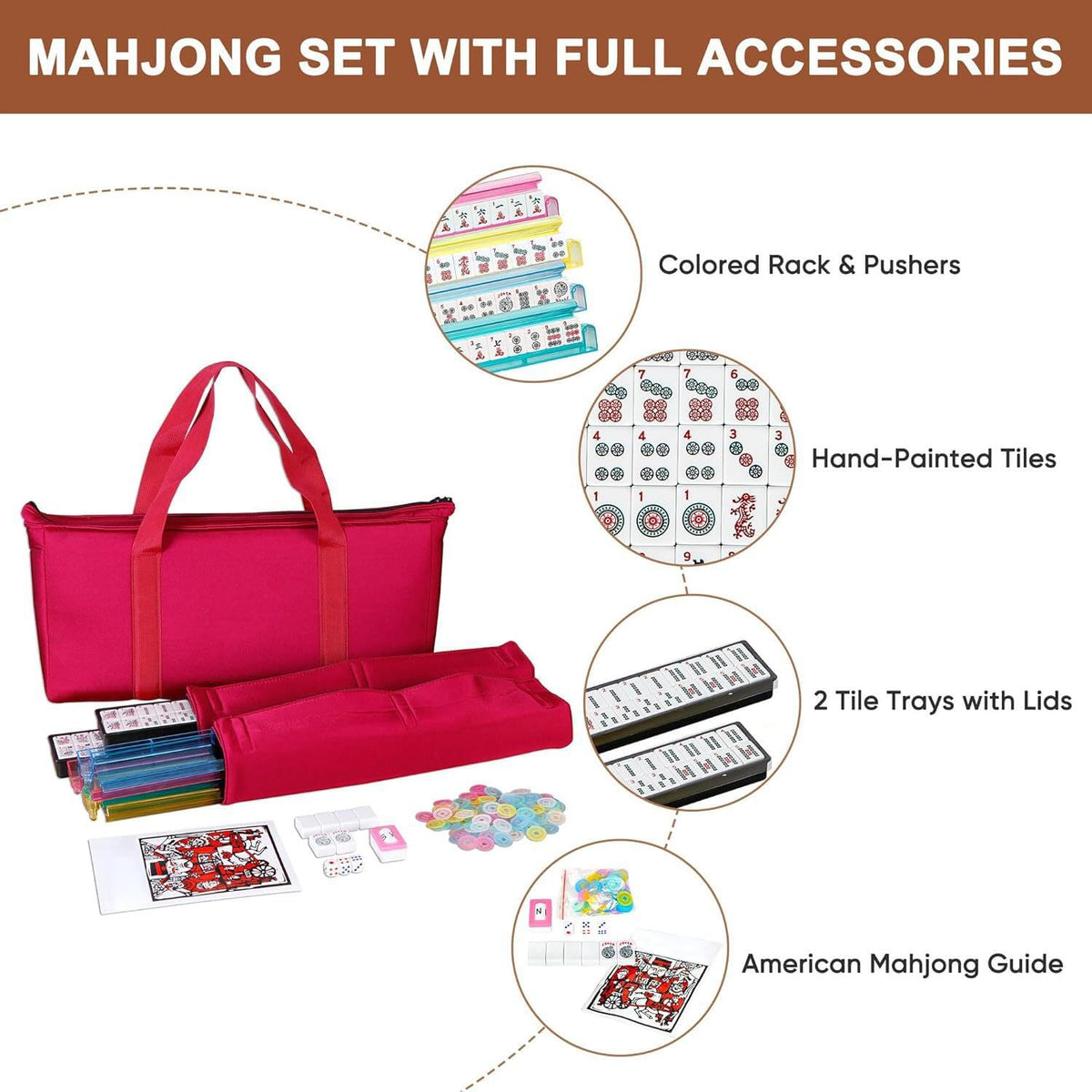 166 Tiles Mahjong Set with Racks Pushers Bag N113