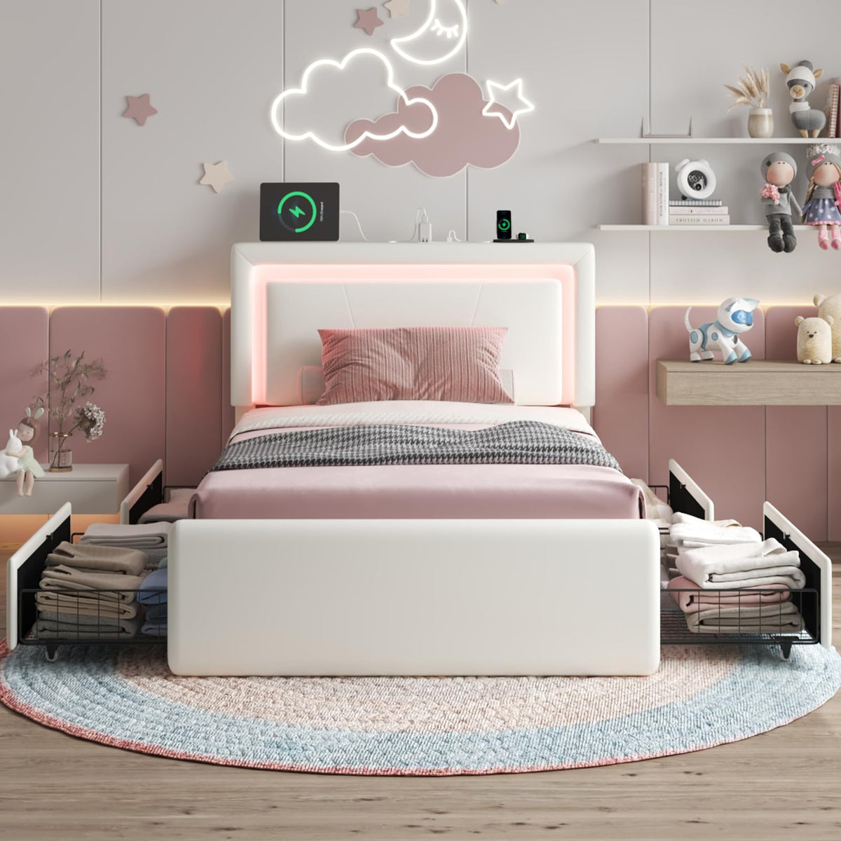 White Twin Size Bed Frame with 4 Storage Drawers K116285