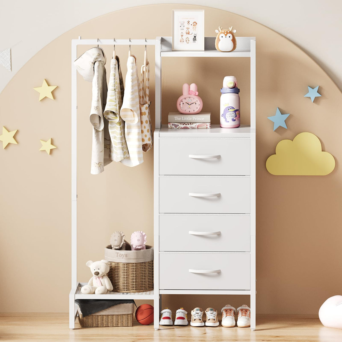 White 4 Drawer Dresser with Hanging Rack K515965