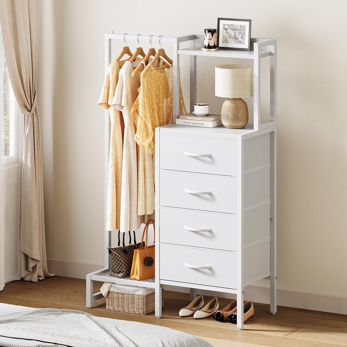 White 4 Drawer Dresser with Hanging Rack K515965