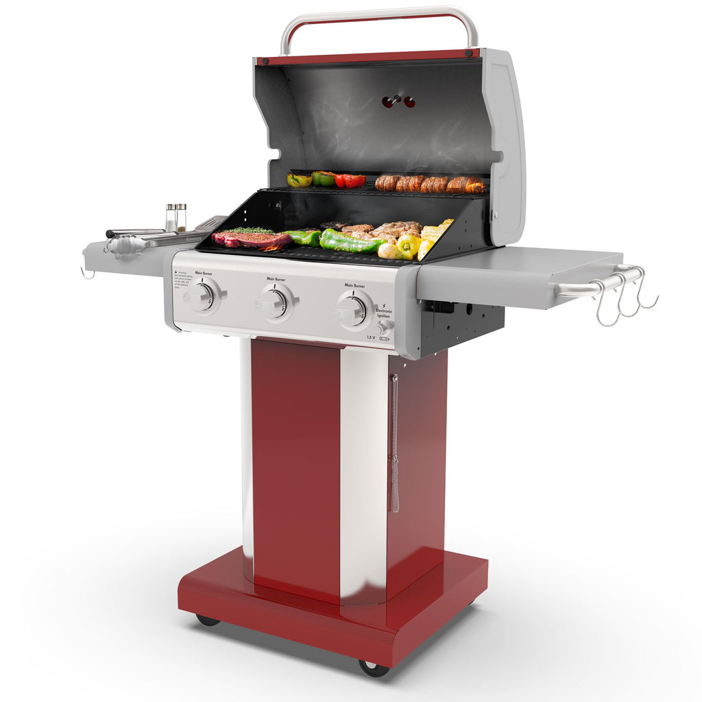 3-Burner Liquid Propane Gas Grill with Folding Sides, Wheels, 30000 BTU, Red W849514