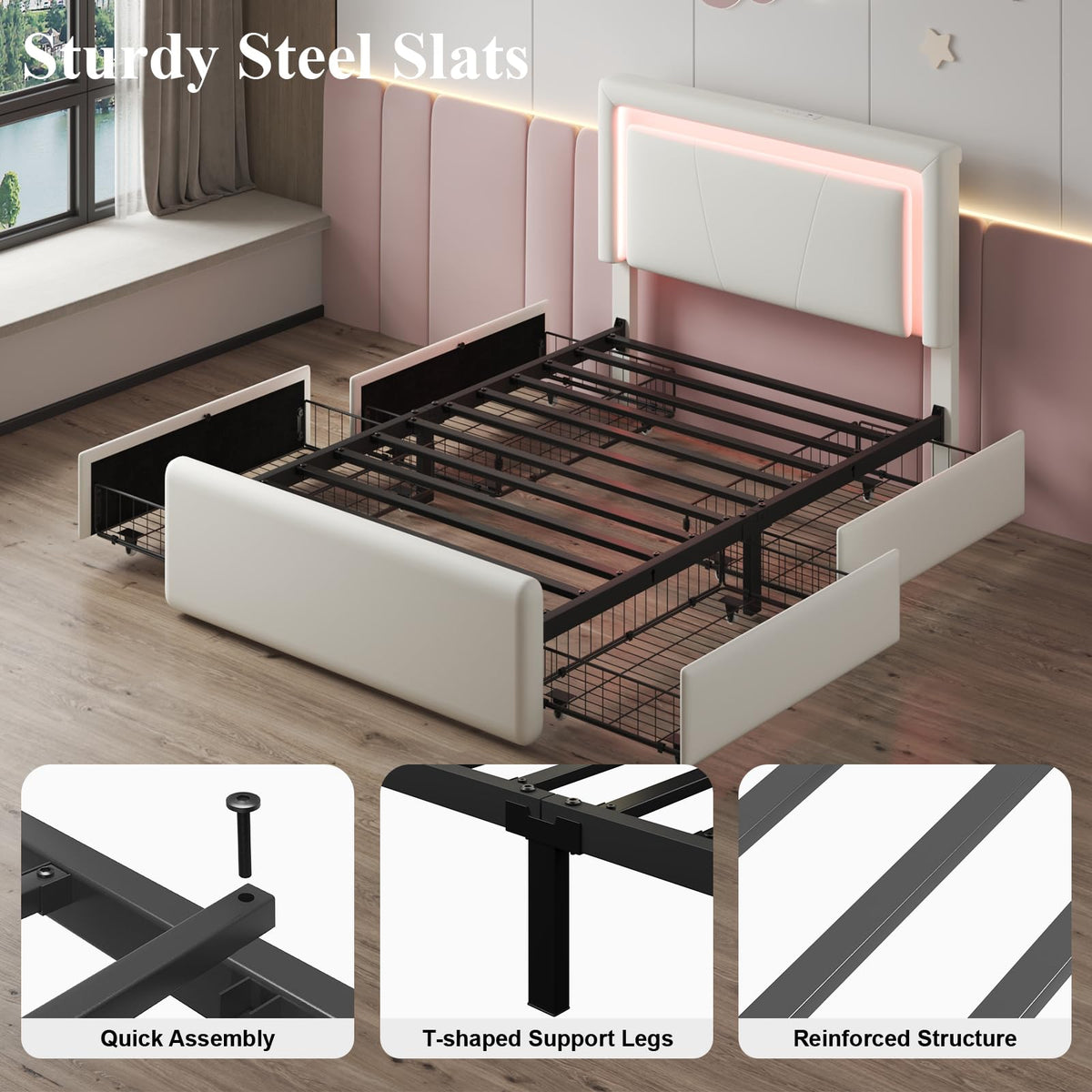 White Twin Size Bed Frame with 4 Storage Drawers K116285