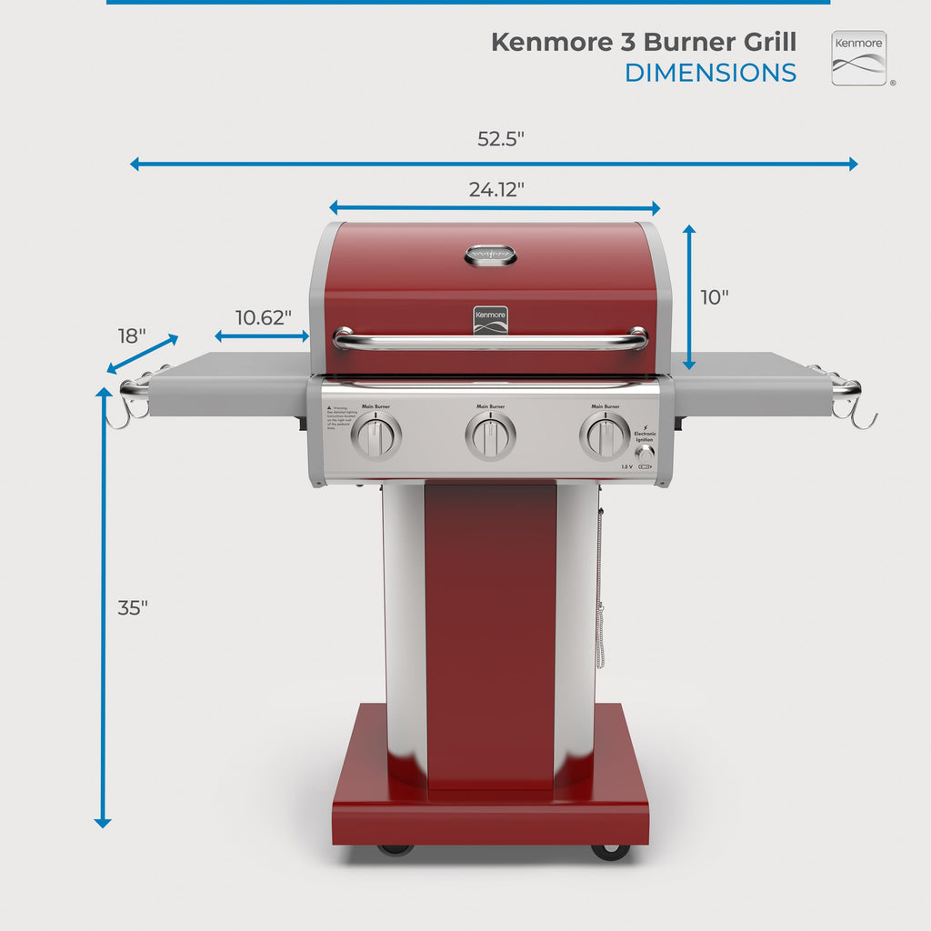 3-Burner Liquid Propane Gas Grill with Folding Sides, Wheels, 30000 BTU, Red W849514