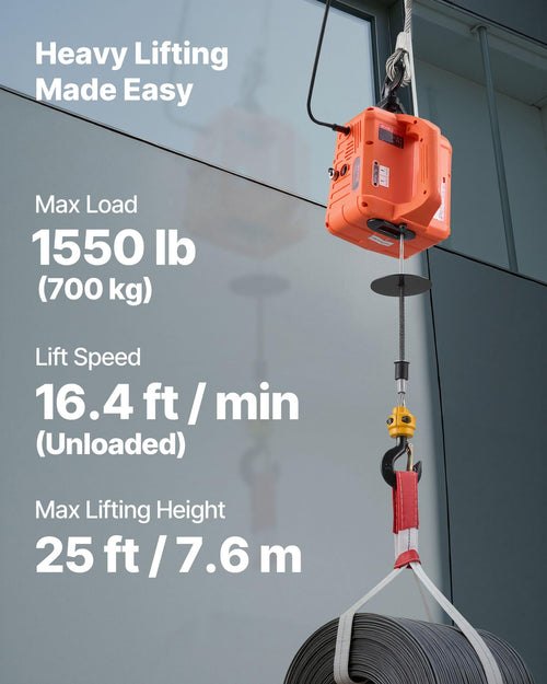 1500W 1550 lbs Electric Hoist Winch with Wired and Wireless Remote Control Q3166