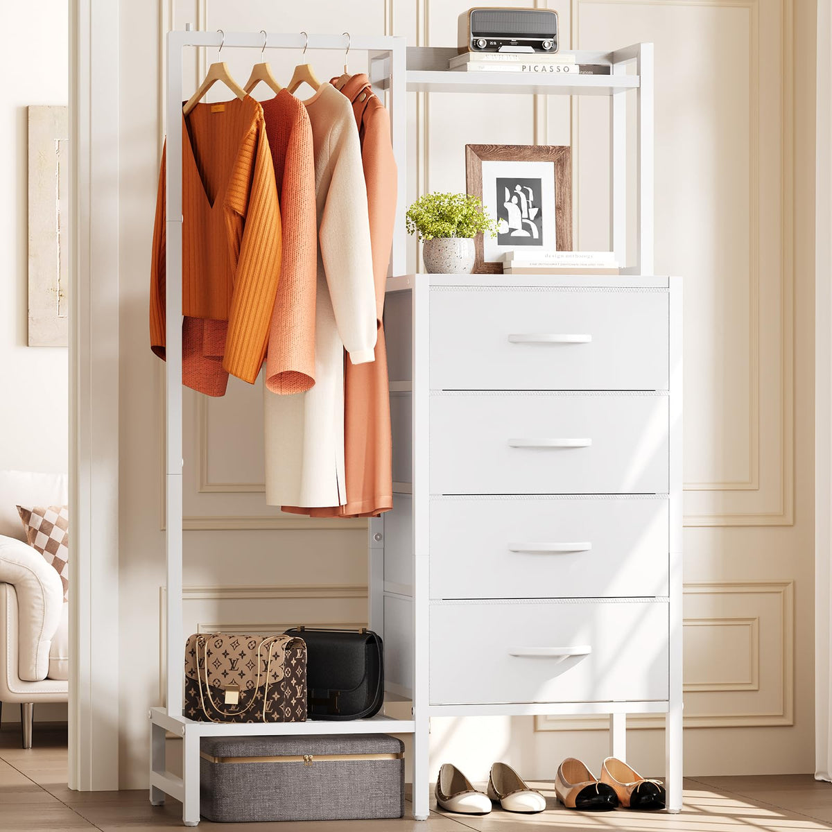 White 4 Drawer Dresser with Hanging Rack K515965