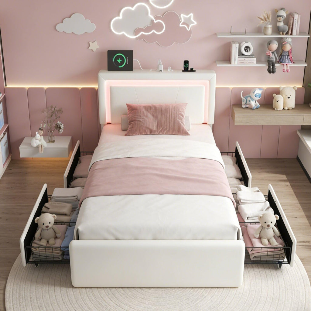 White Twin Size Bed Frame with 4 Storage Drawers K116285